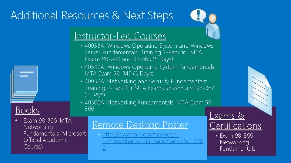 Additional Resources & Next Steps Instructor-Led Courses • 40033 A: Windows Operating System and Additional Resources & Next Steps Instructor-Led Courses • 40033 A: Windows Operating System and