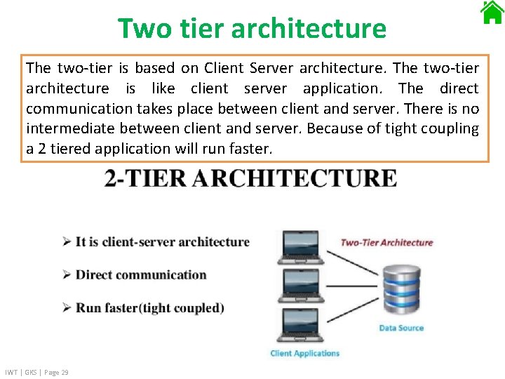 Two tier architecture The two-tier is based on Client Server architecture. The two-tier architecture