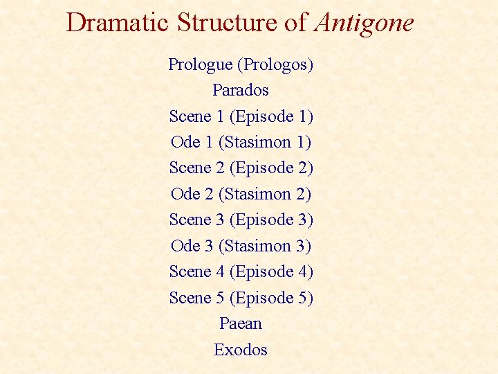 Dramatic Structure of Antigone Prologue (Prologos) Parados Scene 1 (Episode 1) Ode 1 (Stasimon