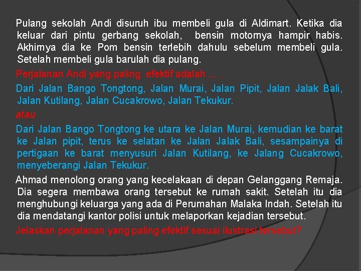 Pulang sekolah Andi disuruh ibu membeli gula di Aldimart. Ketika dia keluar dari pintu