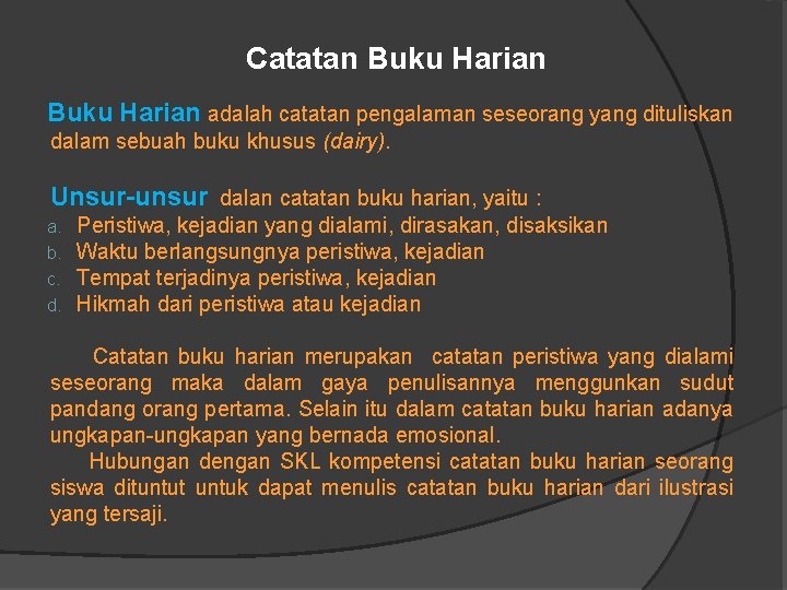 Catatan Buku Harian adalah catatan pengalaman seseorang yang dituliskan dalam sebuah buku khusus (dairy).