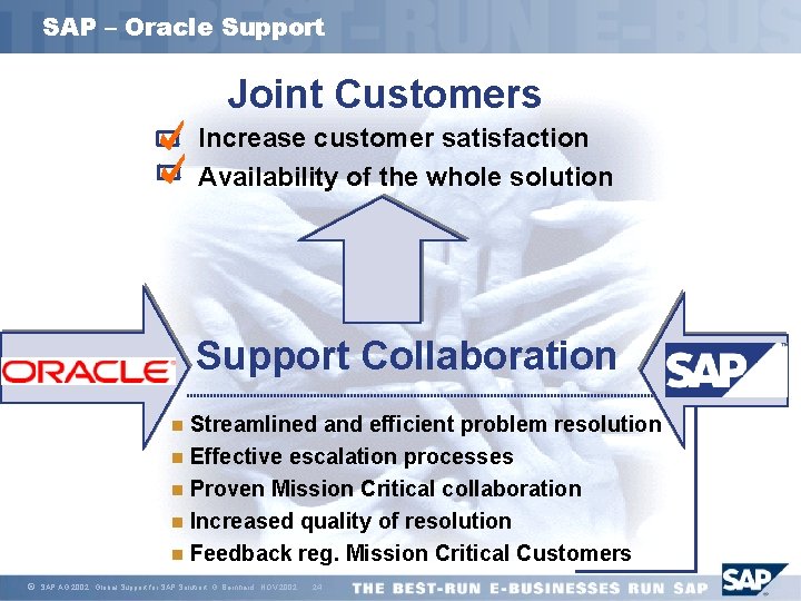 SAP – Oracle Support Joint Customers Increase customer satisfaction Availability of the whole solution