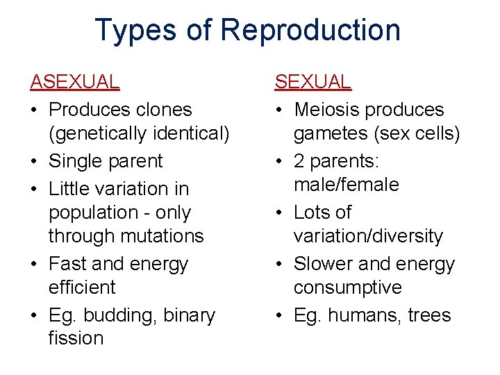 Types of Reproduction ASEXUAL • Produces clones (genetically identical) • Single parent • Little