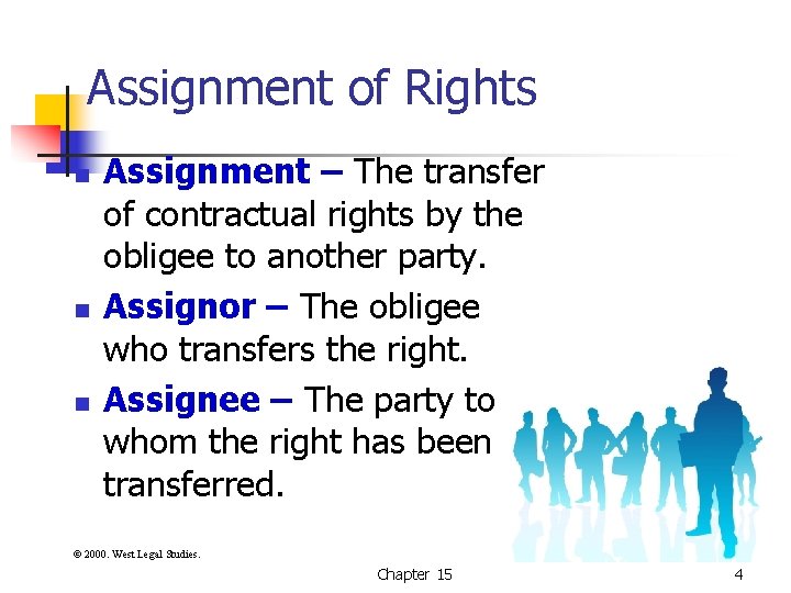 Assignment of Rights n n n Assignment – The transfer of contractual rights by