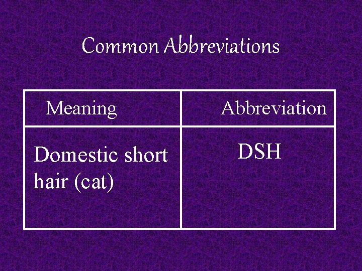 Common Abbreviations Meaning Domestic short hair (cat) Abbreviation DSH 