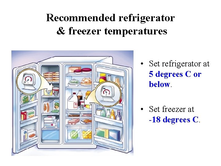 Recommended refrigerator & freezer temperatures • Set refrigerator at 5 degrees C or below.