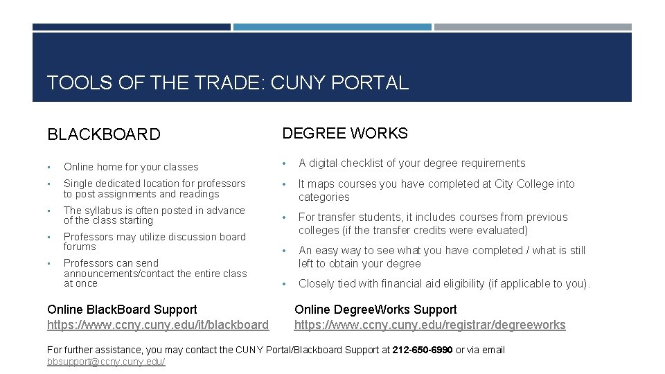 TOOLS OF THE TRADE: CUNY PORTAL BLACKBOARD DEGREE WORKS • Online home for your