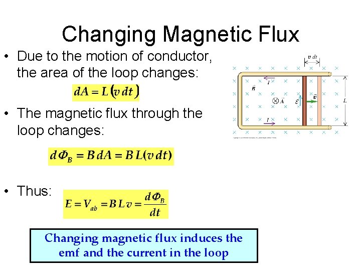 Changing Magnetic Flux • Due to the motion of conductor, the area of the