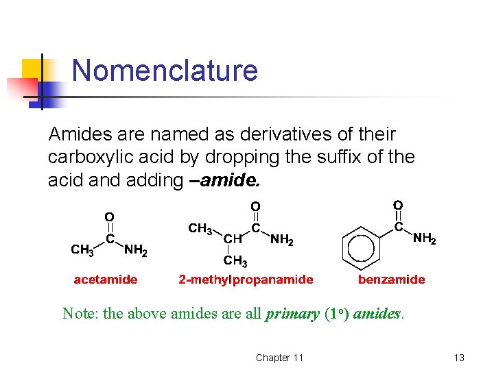 Nomenclature Amides are named as derivatives of their carboxylic acid by dropping the suffix