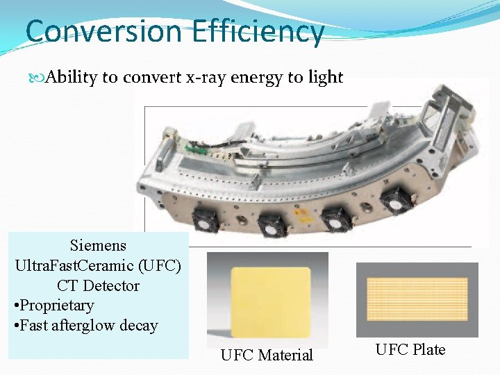 Conversion Efficiency Ability to convert x-ray energy to light Siemens Ultra. Fast. Ceramic (UFC)