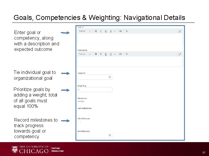 Goals, Competencies & Weighting: Navigational Details Enter goal or competency, along with a description