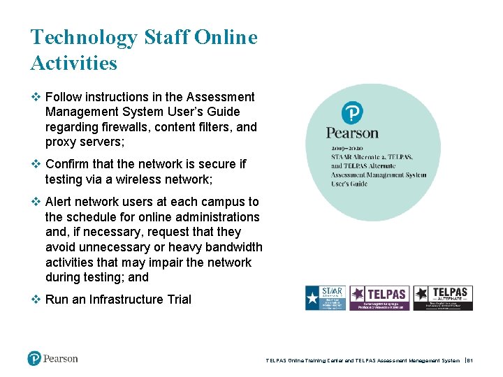 Technology Staff Online Activities v Follow instructions in the Assessment Management System User’s Guide