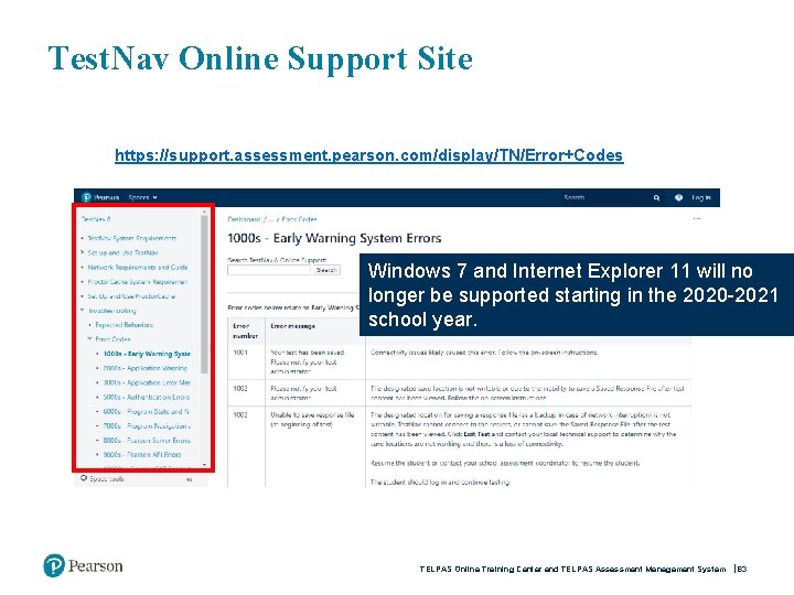 Test. Nav Online Support Site https: //support. assessment. pearson. com/display/TN/Error+Codes Windows 7 and Internet