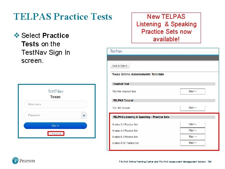 TELPAS Practice Tests v Select Practice Tests on the Test. Nav Sign In screen.