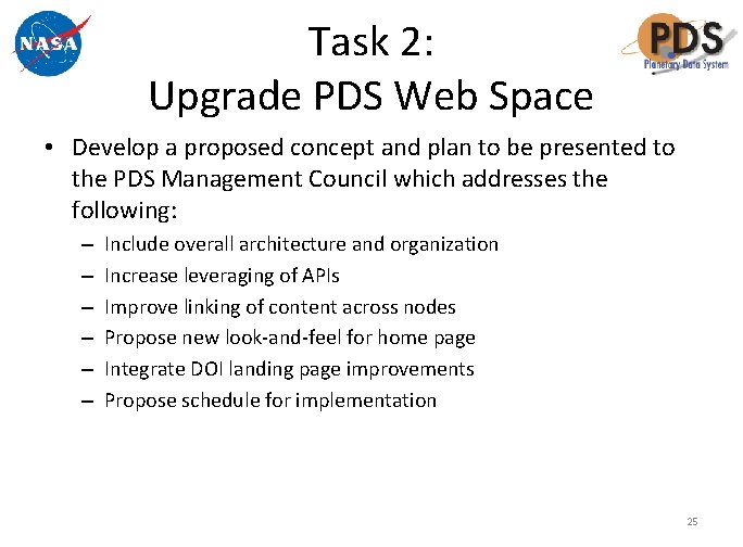 Task 2: Upgrade PDS Web Space • Develop a proposed concept and plan to