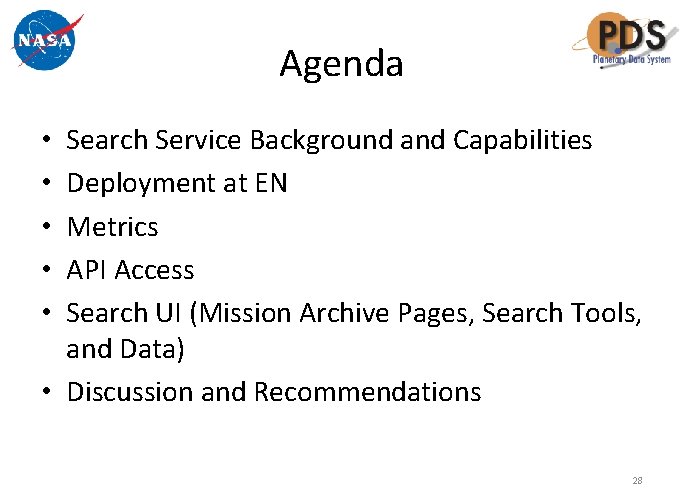 Agenda Search Service Background and Capabilities Deployment at EN Metrics API Access Search UI