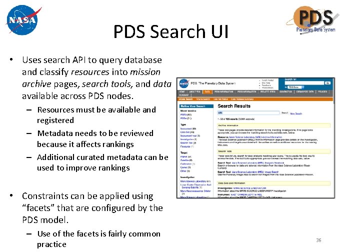 PDS Search UI • Uses search API to query database and classify resources into