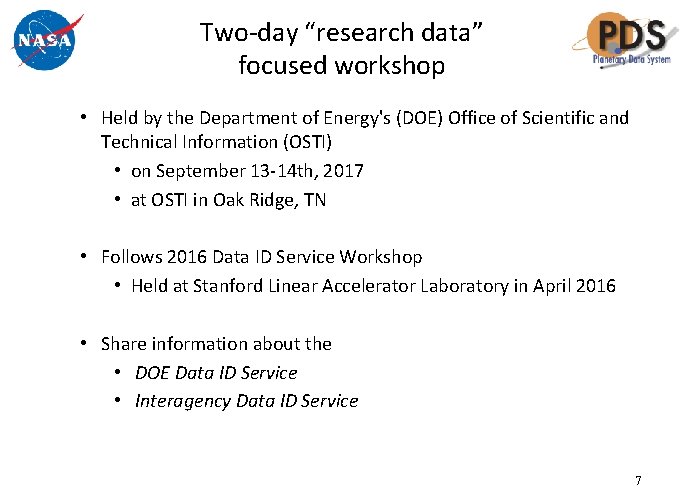Two-day “research data” focused workshop • Held by the Department of Energy's (DOE) Office