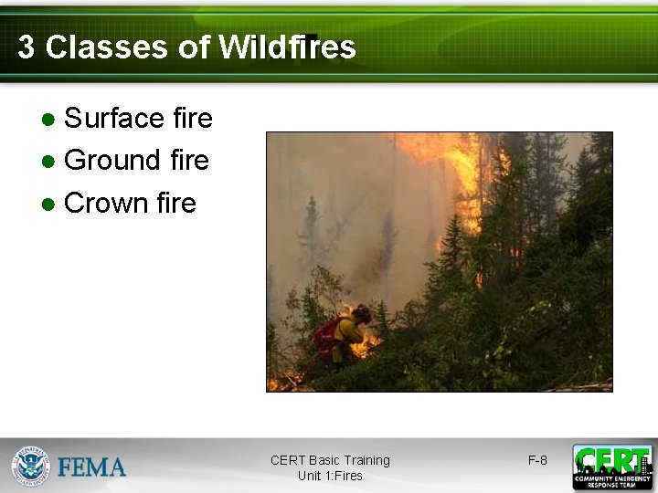 3 Classes of Wildfires ● Surface fire ● Ground fire ● Crown fire CERT