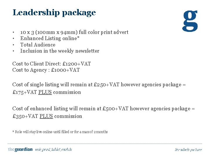 Leadership package • • 10 x 3 (100 mm x 94 mm) full color