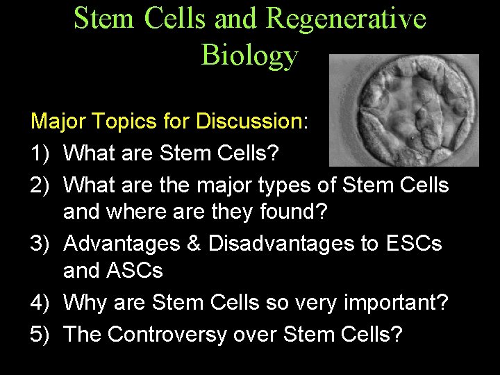 Stem Cells and Regenerative Biology Major Topics for Discussion: 1) What are Stem Cells?