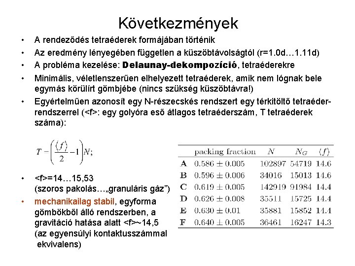 Következmények • • A rendeződés tetraéderek formájában történik Az eredmény lényegében független a küszöbtávolságtól