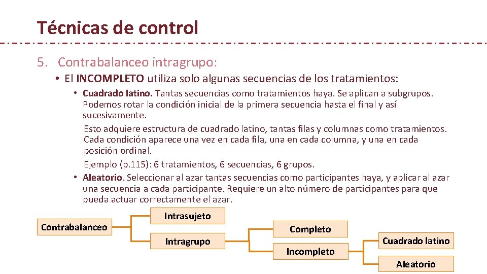 Técnicas de control 5. Contrabalanceo intragrupo: • El INCOMPLETO utiliza solo algunas secuencias de