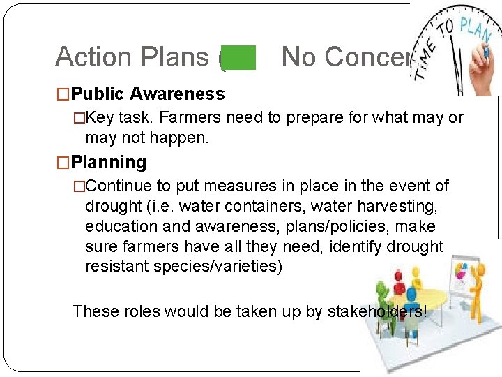 Action Plans ( No Concern) �Public Awareness �Key task. Farmers need to prepare for