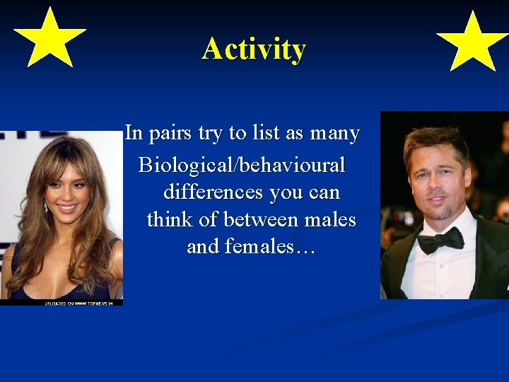 Activity In pairs try to list as many Biological/behavioural differences you can think of