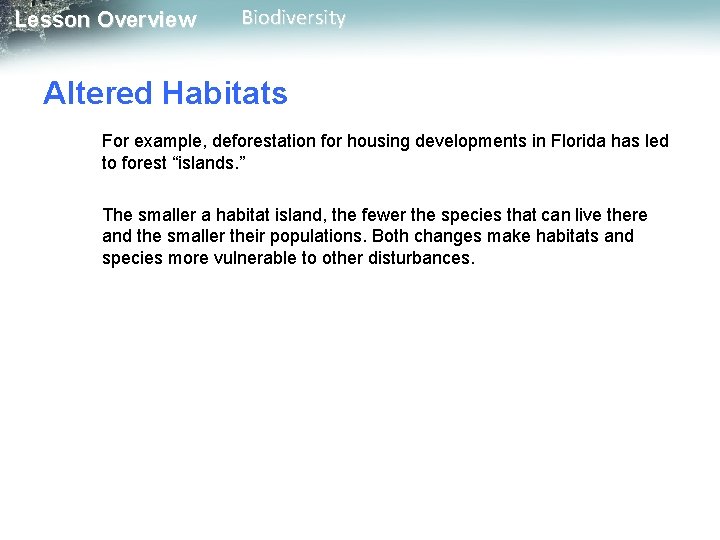 Lesson Overview Biodiversity Altered Habitats For example, deforestation for housing developments in Florida has