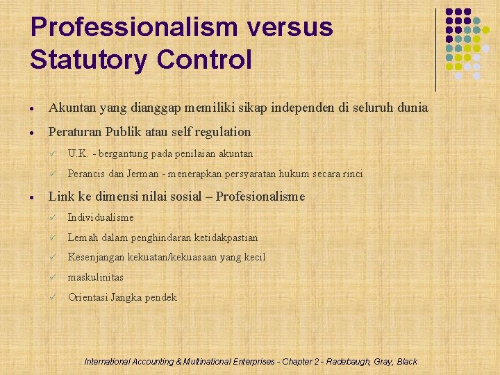 Professionalism versus Statutory Control Akuntan yang dianggap memiliki sikap independen di seluruh dunia Peraturan