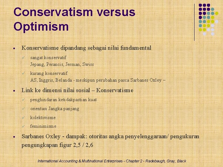 Conservatism versus Optimism Konservatisme dipandang sebagai nilai fundamental sangat konservatif Jepang, Perancis, Jerman, Swiss