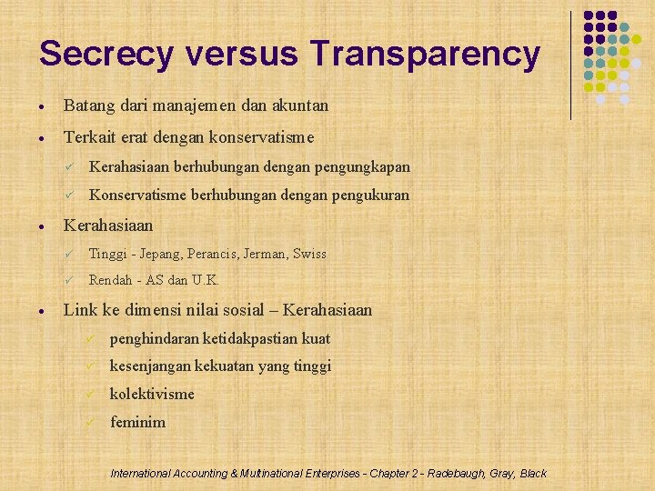 Secrecy versus Transparency Batang dari manajemen dan akuntan Terkait erat dengan konservatisme Kerahasiaan berhubungan