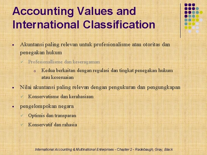 Accounting Values and International Classification Akuntansi paling relevan untuk profesionalisme atau otoritas dan penegakan