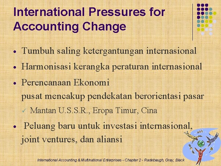 International Pressures for Accounting Change Tumbuh saling ketergantungan internasional Harmonisasi kerangka peraturan internasional Perencanaan