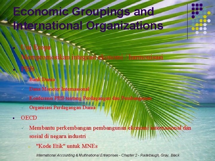 Economic Groupings and International Organizations Uni Eropa Mempromosikan integrasi ekonomi / harmonisasi PBB Bank