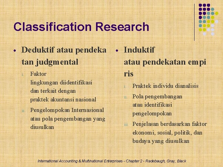 Classification Research Deduktif atau pendeka tan judgmental i. ii. Faktor lingkungan diidentifikasi dan terkait