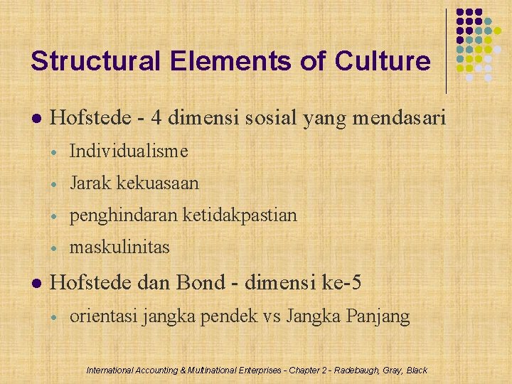 Structural Elements of Culture Hofstede - 4 dimensi sosial yang mendasari Individualisme Jarak kekuasaan