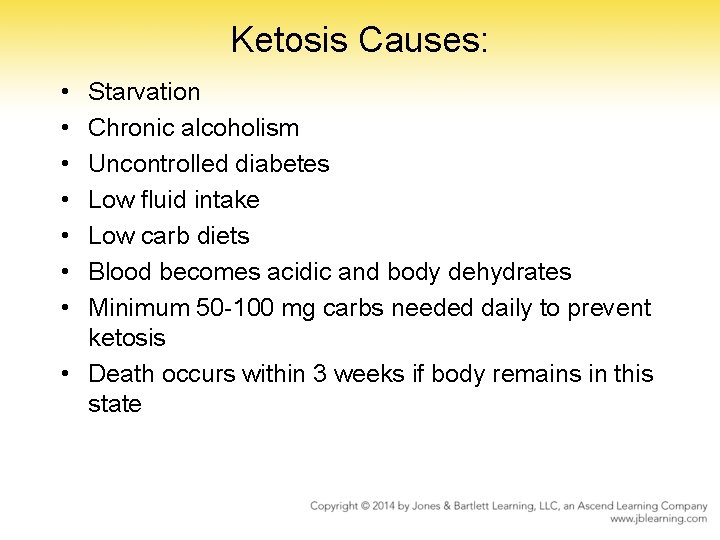 Ketosis Causes: • • Starvation Chronic alcoholism Uncontrolled diabetes Low fluid intake Low carb