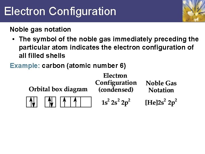 Electron Configuration Noble gas notation • The symbol of the noble gas immediately preceding