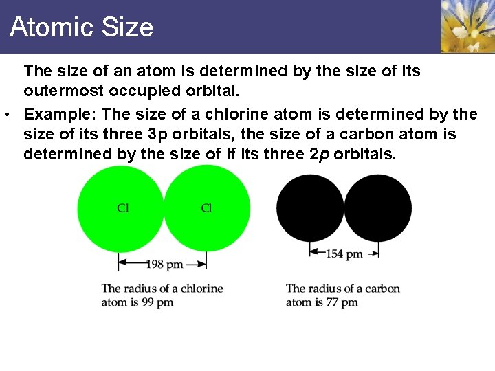 Atomic Size The size of an atom is determined by the size of its