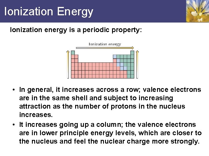 Ionization Energy Ionization energy is a periodic property: • In general, it increases across