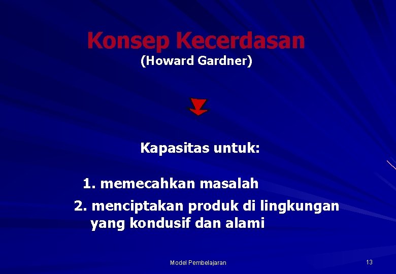 Konsep Kecerdasan (Howard Gardner) Kapasitas untuk: 1. memecahkan masalah 2. menciptakan produk di lingkungan