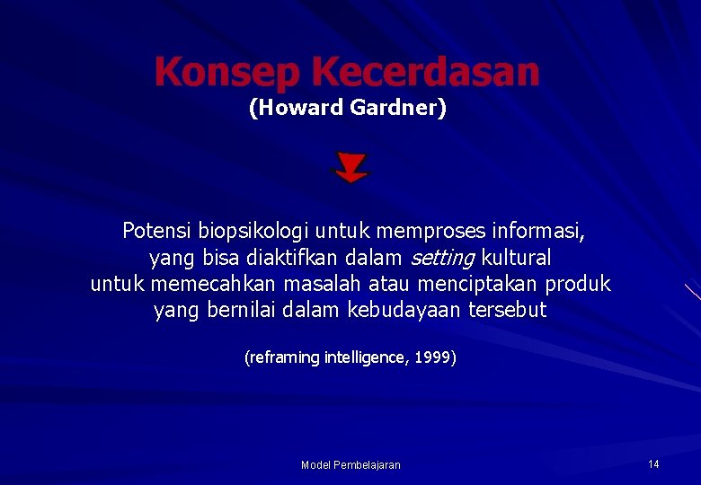 Konsep Kecerdasan (Howard Gardner) Potensi biopsikologi untuk memproses informasi, yang bisa diaktifkan dalam setting