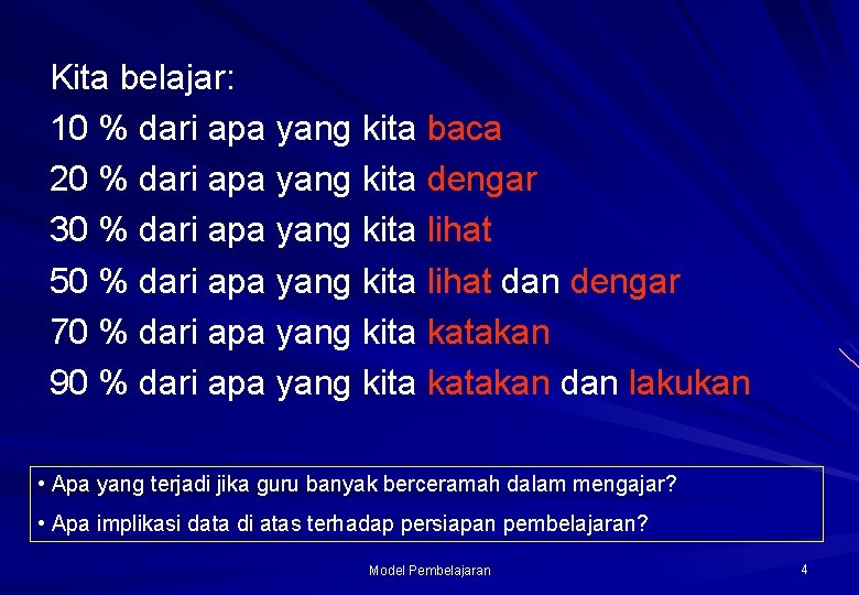 Kita belajar: 10 % dari apa yang kita baca 20 % dari apa yang