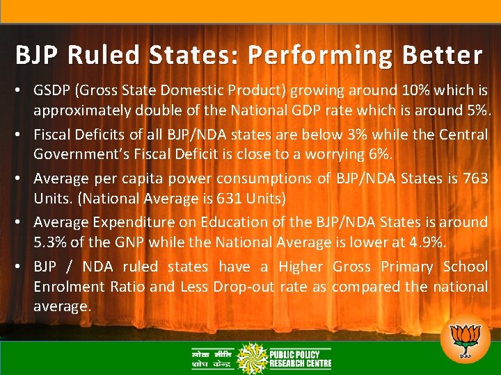 BJP Ruled States: Performing Better • GSDP (Gross State Domestic Product) growing around 10%