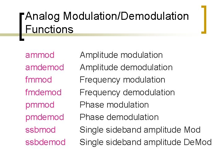Analog Modulation/Demodulation Functions ammod amdemod fmdemod pmdemod ssbdemod Amplitude modulation Amplitude demodulation Frequency demodulation