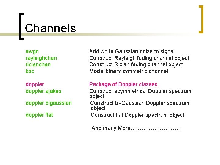 Channels awgn rayleighchan ricianchan bsc Add white Gaussian noise to signal Construct Rayleigh fading