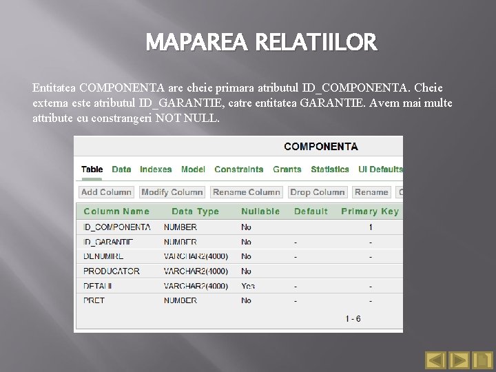 MAPAREA RELATIILOR Entitatea COMPONENTA are cheie primara atributul ID_COMPONENTA. Cheie externa este atributul ID_GARANTIE,