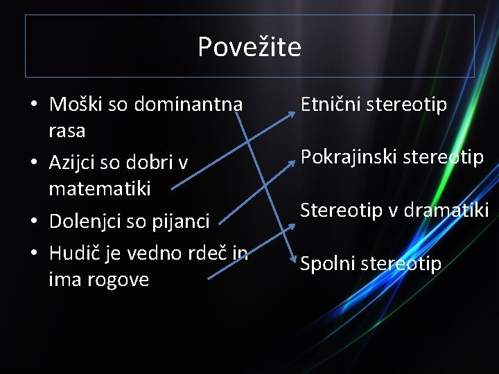 Povežite • Moški so dominantna rasa • Azijci so dobri v matematiki • Dolenjci